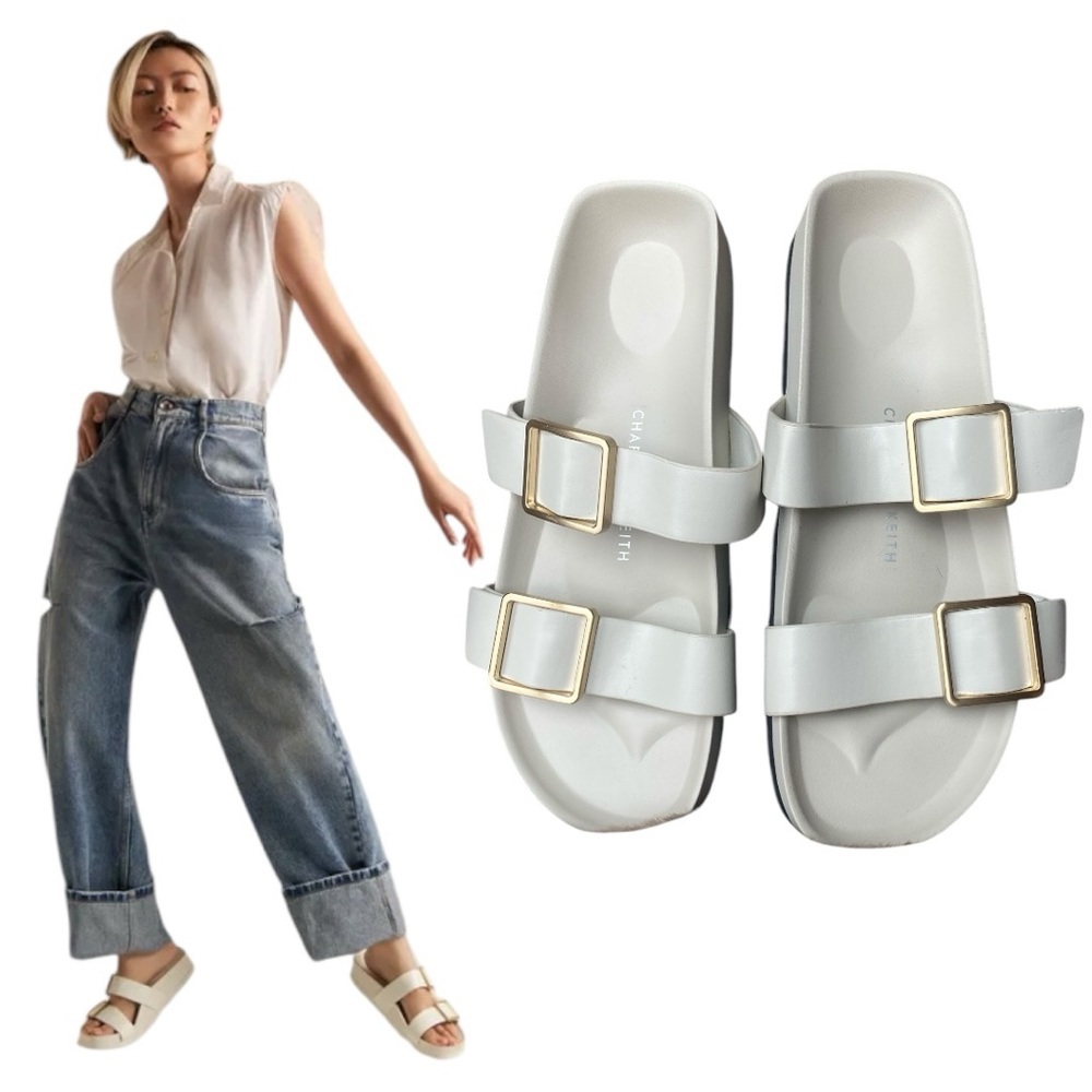NWOT Charles & Keith Double Buckle Slide Sandals Cream Gold Size 9.5